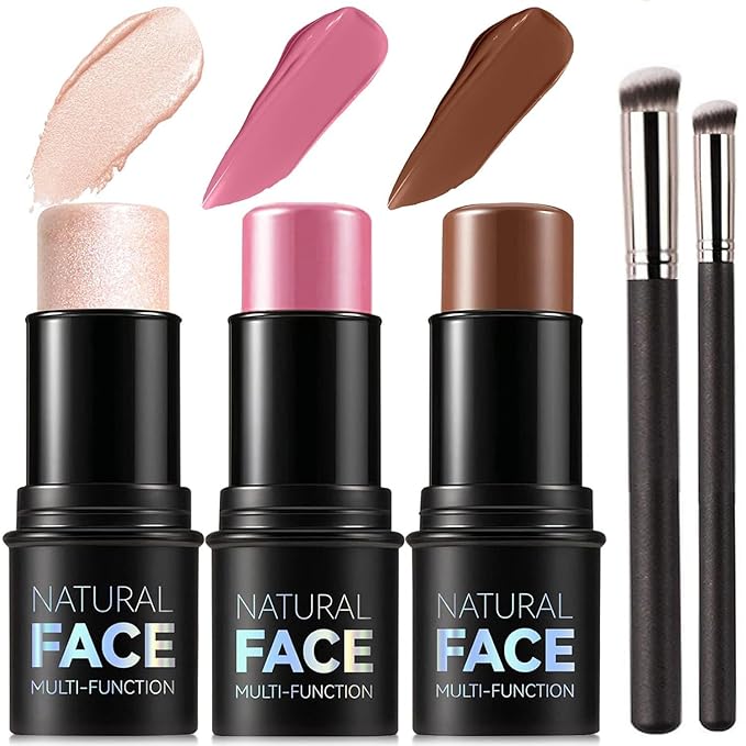3Pcs Cream Contour Sticks, Shades with Highlighter Stick, Face Shaping & Contouring Stick with 2 Brushes, Contour Highlighter for Sculpt the Cheeks, Long Lasting, Waterproof, Matte & Dewy Finish