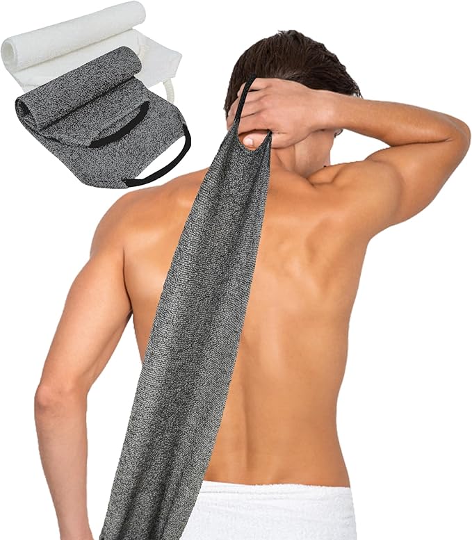 Scrubber Back for Shower Extended Length Scrubber Towel Exfoliating Washcloth Body Scrub Sponge Shower Loofah with Handle for Women Men Deep Clean Body Skin Massages (Gray&white2)