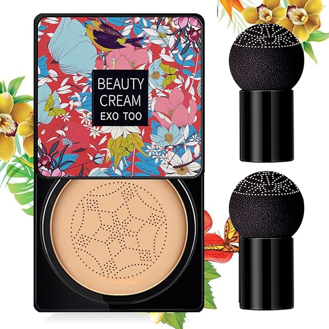 Mushroom Head Air Cushion CC Cream, Beauty Cream EXO TOO Foundation, Full Coverage Base Primer with Two Mushroom Head Sponges