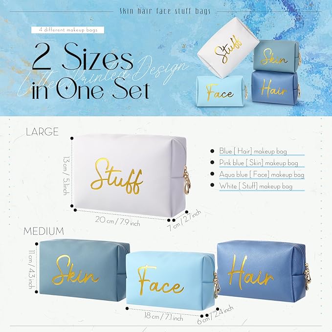 Aliceset 4 Pcs Preppy Makeup Bags Set Cute Travel Cosmetic Pouch Face Skin Hair Stuff Aesthetic Makeup Bags, PU Leather Waterproof Zipper Toiletry Pouch Gifts for Women Girl(Aqua Blue)