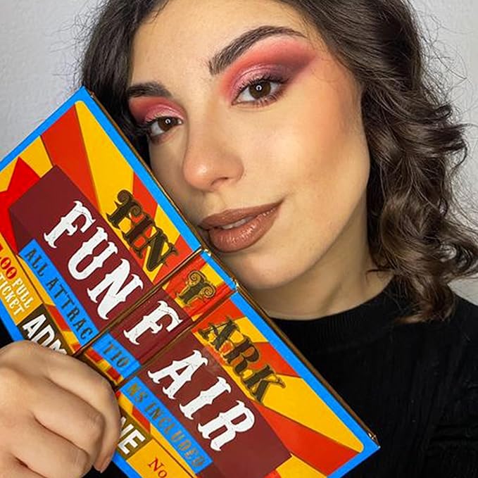 18 Color Funfair Eyeshadow Palette, Carnival Party Eyeshadows, Gold Slivery Black White Yellow Orange Brown Bronzer Red Blue Purple Green Eye Shadow Palettes, Glitter Matte Shimmer