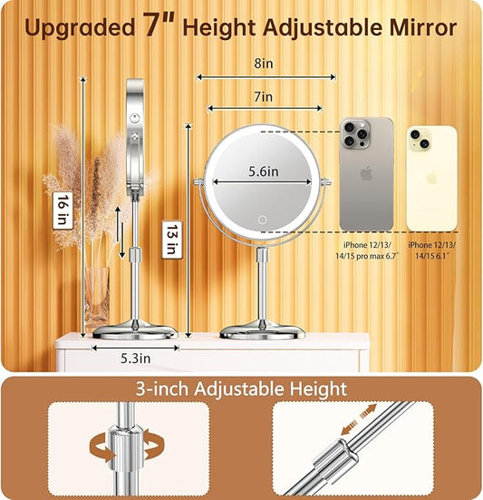 Gospire 7" Lighted Makeup Mirror with Magnification 10X/1X, Height Adjustable & 3 Color Dimmable Lights, 360° Swivel Double Sided Light up Rechargeable LED Cosmetic Vanity Cordless Standing Mirror