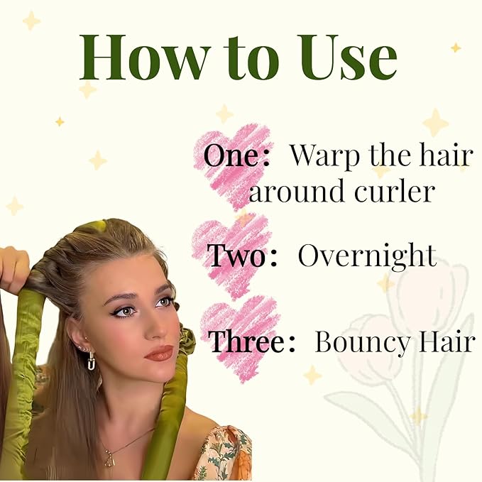 Serenade Textured Satin Heatless Curls Overnight, Heatless Hair Curler Curling Set for Women and Girls to Sleep in, with 2 Satin Scrunchies and 1 Clip for Overnight Curls, Green