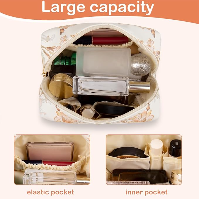 Makeup Bags for Women, Small Leather Cosmetic Bag for Purse, Floral Waterproof Make up Pouch Organizer, Zipper Portable Storage Travel Toiletry Bag Gifts(Apricot Flower)