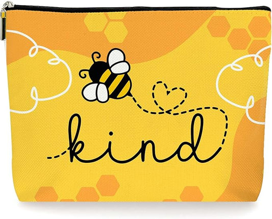 Yellow Bee Kind Inspirational Makeup Bag Cosmetic Bag for Women, Cute Yellow Accessories, Bee Themed Gifts, Ideal Return Birthday Gifts for Women. (082)