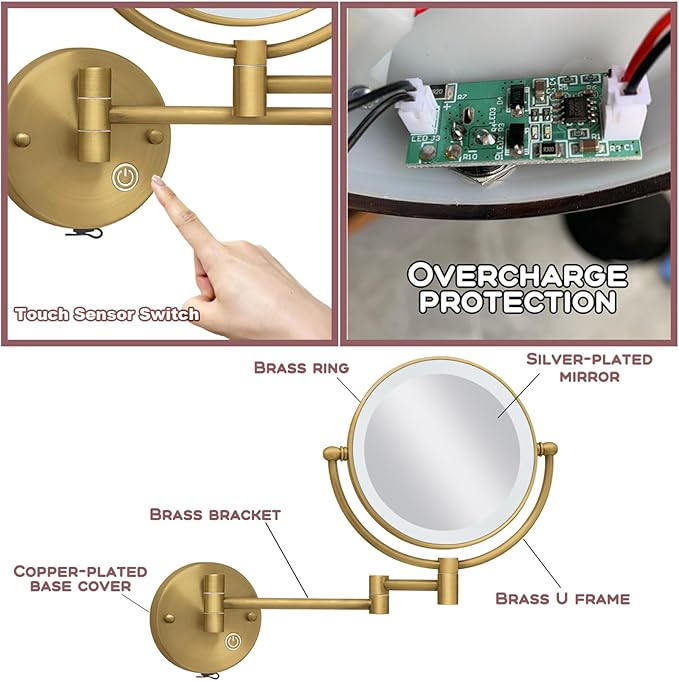 Brass Wall Mounted Makeup Mirror with Lights and Magnification, Rechargeable Lighted Magnifying Mirror Wall Mount with 1X and 5X, Brushed Antique Brass Bathroom Arts Ware