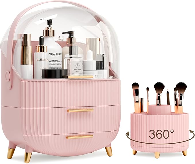 Makeup Organizers and Storage Make up Organizer for Vanity Cosmetics Skincare With Lid and Drawers Display Cases for Countertop Bathroom Women Teenager Girl Gifts(Pink+Brush Holder)