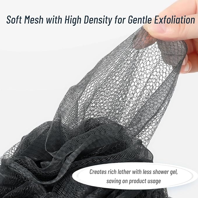 6-Pack 80g Shower Loofah for Men – Extra-Large Body Sponge with Triple-Tied Knots, High-Density Mesh, Rich Lather, Durable Exfoliating Pouf (Black)