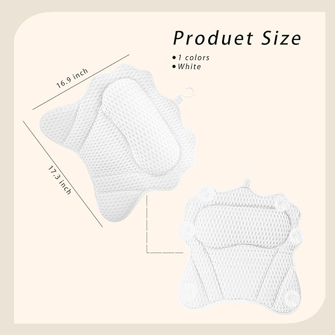 Bath Pillow, Ergonomic Luxury Bathtub Pillow for Tub Head,Neck, Shoulder and Back Support, Headrest with Soft 4D Mesh Fabric and 6 Strong Non-Slip Suction Cups, 2 Pack (White)