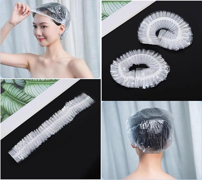 100 PCS Disposable Shower Caps Plastic Clear Hair Cap Elastic Waterproof Hair Bath Caps Thick Shower Cap for Women Hotel Hair Salon Travel Spa Home Use Beauty Salon Accessories Cleaning Supplies 20.5"