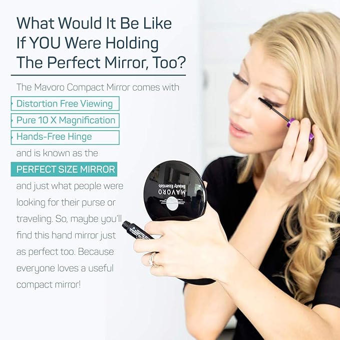 Magnifying Compact Mirror for Purses, 1x/10x Magnification – Double Sided Travel Makeup Mirror, 4 Inch Small Pocket or Purse Mirror. Distortion Free Folding Portable Compact Mirrors (Black)