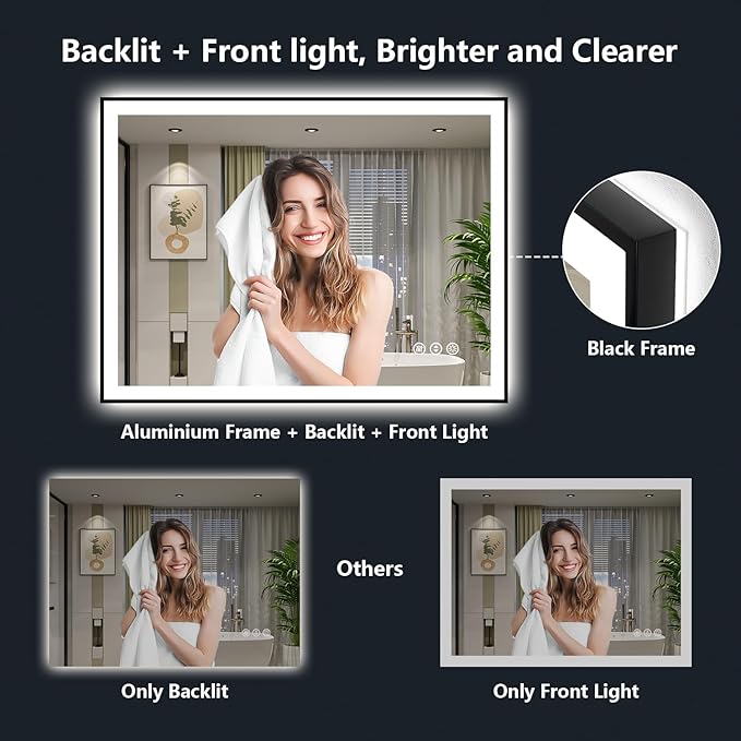 48x32 Inch LED Bathroom Mirror with Lights (Front Lit and Backlit) Black Framed Lighted Vanity Mirror for Bathroom Wall Dimmable Anti-Fog Memory Tempered Glass Horizontal/Vertical