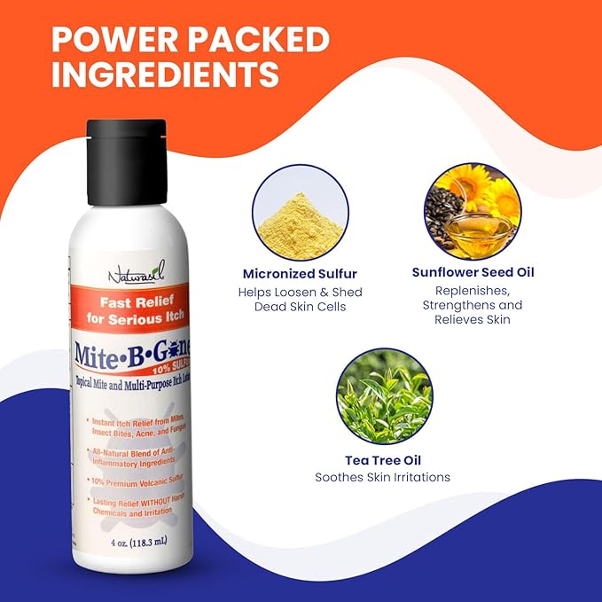 All-Natural Itch Relief by Mite-B-Gone - Sulfur Lotion Treatment for Acne, Bug Bites, Skin Redness & Itching, Discomfort & Rosacea | Safe for Kids and Adults| Fast & Effective for All Skin Types| 4 oz