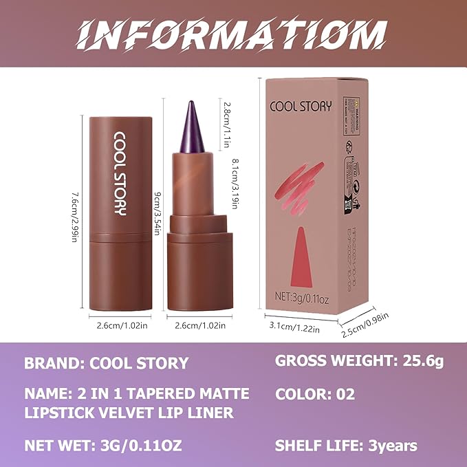 Matte Lip Liner and Lipstick Crayon Shape And Tapered Tip for Perfect Contour and Gradient Effect Waterproof Eyeliner Lip Pencil 3-in-1 Makeup Lip Combo, Purple 2#