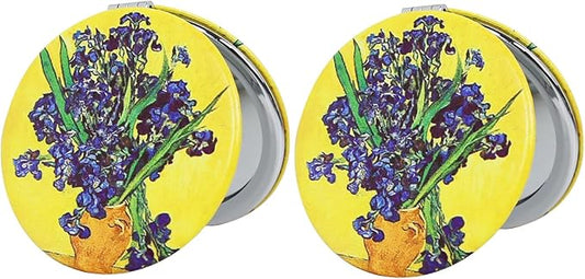 Pocket Mirror, 2 Pcs Round 2.8” PU OilPainting Style Double Sided 1X/3X Purse Compact Mirrors (OilPainting03)