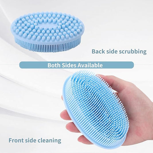 2-in-1 Silicone Body Brush with Detachable Long Handle, Double-Sided Back Scrubber for Bath with Hook, Rich Foam for Deep Cleansing and Exfoliating(Blue/Round)