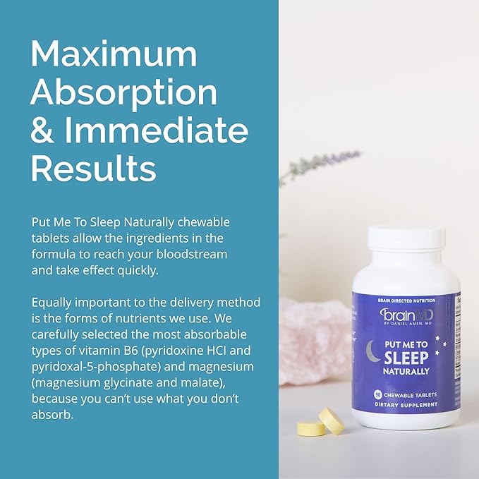 BRAINMD Put Me to Sleep Naturally - 90 Chewable Tablets - with Melatonin, L-Theanine, Magnesium, GABA, Vitamin B6 & 5-HTP - Gluten Free - 45 Servings