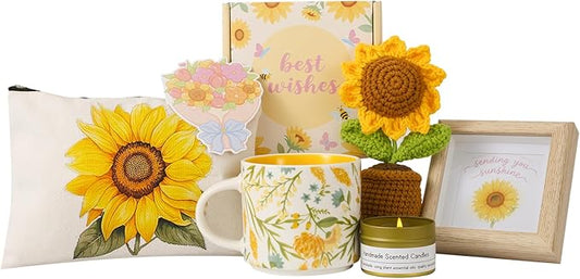 Birthday gifts for women, sunflower gift baskets, care package,sending you sunshine gift box for women with coffee mug and sunflower crochet, unique sunshine themed gift box.