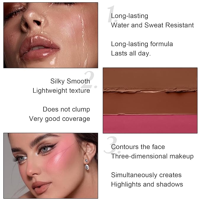 6 Colors Cream Contour Stick Makeup Kit,Shades and Highlighter,Blush and Bronzer Contour Stick for Sculpt the Cheeks,Long Lasting,Waterproof,Matte & Dewy Finish for Woman (SET C)