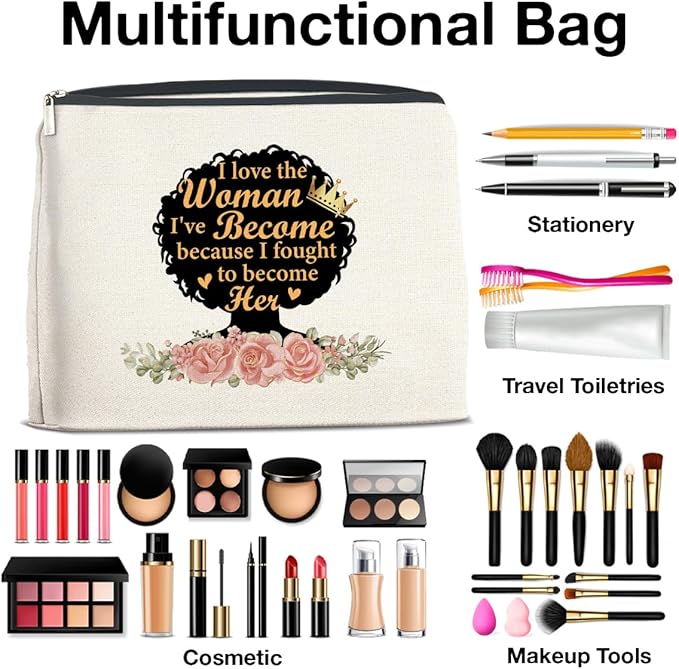 Makeup Bag Black Girl Gifts for Women, Black Woman Gifts I Love the Woman I've Become Because I Fought Cosmetic Bag Zipper Makeup Pouch Afro Girl