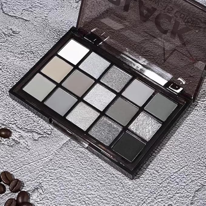 Black Smoky Eye shadow Palette, 15 Colors True Black Dark Grey Smokey Goth Makeup Pallet, 15 Soft Matte Shimmer High Pigmented Basic White Gray black eyeshadow for woman