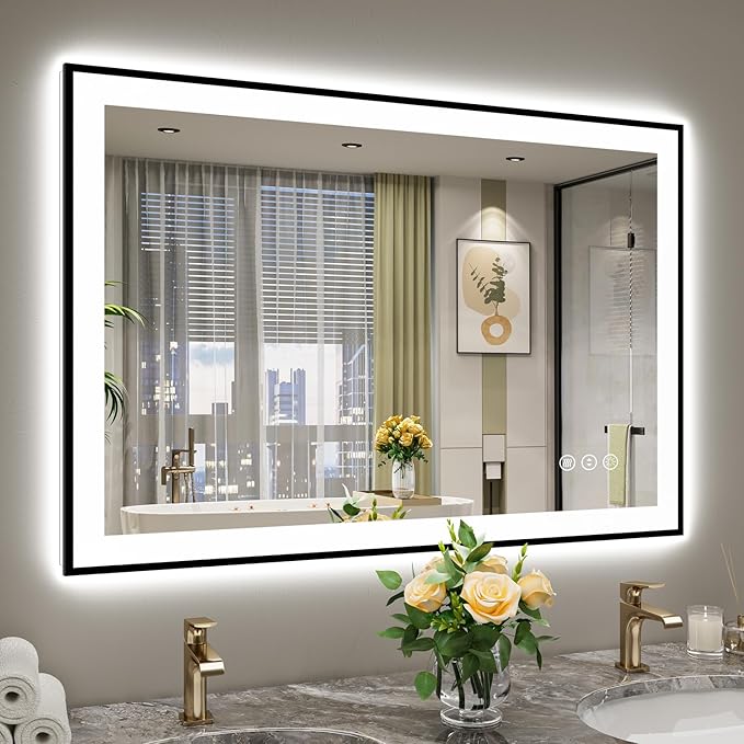 44x30 Inch LED Bathroom Mirror with Lights (Front Lit and Backlit) Black Framed Lighted Vanity Mirror for Bathroom Wall Dimmable Anti-Fog Memory Tempered Glass Horizontal/Vertical