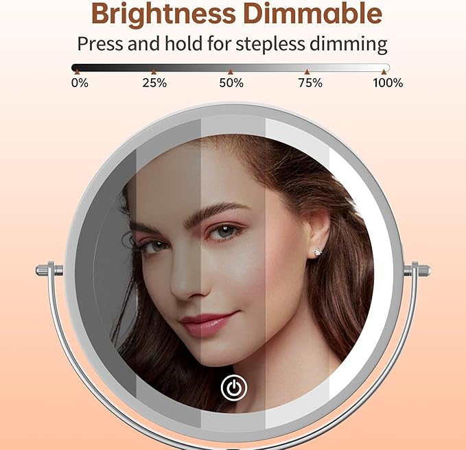 Benbilry 8 Inch Lighted Makeup Vanity Mirror with Lights and Magnification, 1X/10X Magnifying Rechargeable Double Sided Light Up Mirror with 3 Color Dimmable Lights, 360° Swivel Cordless, Silver