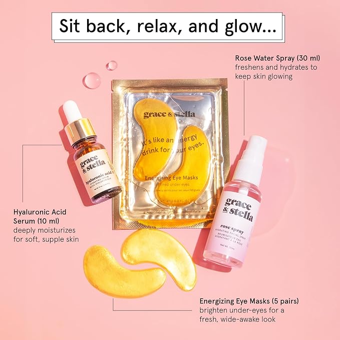 grace & stella Award-Winning Skin Care Set - Stocking Stuffers for Teen Girls, Christmas Gifts for Women - Travel Essentials with Gold Eye Masks, Hyaluronic Acid Serum & Rose Spray, Beauty Gift Set