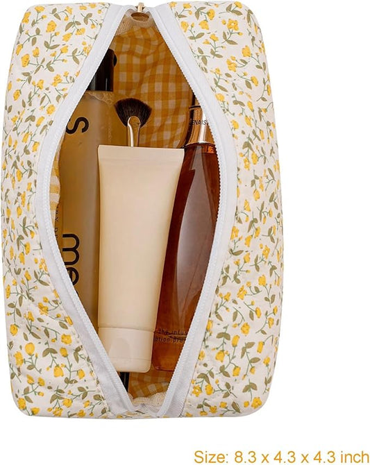 Gleyemor Small Quilted Makeup Bag for Women, Cute Floral Bow Cosmetic Bag, Emergency Bag Travel Toiletry Cotton Pouch Gifts for Girls Her Mom Friend Sister Bridesmaid (Yellow Small Flower)