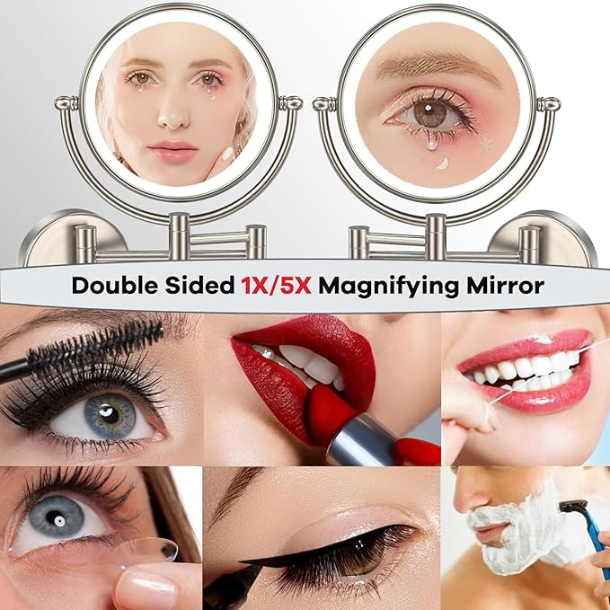 Brass Wall Mounted Lighted Makeup Mirror with Magnification, 5X Wall Magnifying Mirror with Light, Extendable Mirror for Bathroom, Touch Sensor, Brushed Nickel