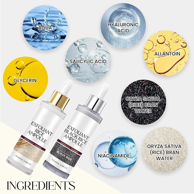 2PCS Rice Exfoliating Ampoule Set - Black & White Rice for Brightening & Glowing Skin, Minimizing Pores, Deep Hydration Treatment