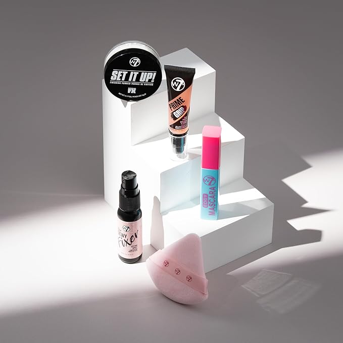 W7 On the Go Cuties Gift Set - Mini Makeup Essentials with Primer, Mascara, Setting Spray, Loose Powder & Powder Puff - Travel Size Beauty Favourites - Stocking Stuffer