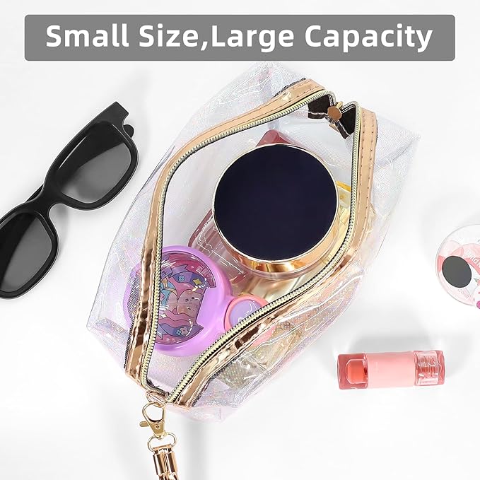 Clear Colorful Makeup Bag, Thick PVC Small Clear Toiletry Bag for Travel, Waterproof Cosmetic Bag with Durable Zipper & Detachable Strap, Cute Transparent Pouch Organizer for Women, 7.1×4×3 Inch Gray