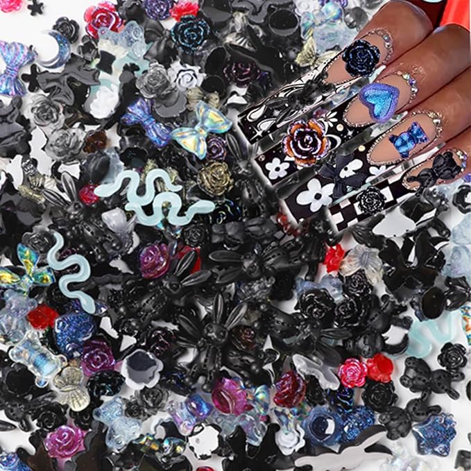 110 Pieces 3D Nail Charms for Acrylic Nails, Camellia Rose Flower Butterfly Bowknot Heart Bear Rabbit Star Charms for Nail Art Designs DIY Accessories Craft(Black)