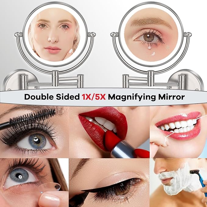 8" Brass Lighted Wall Mounted Makeup Mirror, 360° Swivel Extendable,Bathroom Mirror Double-Sided 1X/5X Magnification LED Vanity Mirror, Touch Dimming, Brushed Nickel, Plug Powered