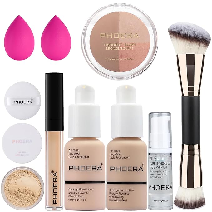 PHOERA Foundation, PHOERA Contour Palette,Shades with Highlighter & Bronzer & Blush,Up to 24 Hour Fresh Wear,PHOERA Concealer Primer Powder (101+102+ #001 Contour/Porcelain+ Nude+#001)