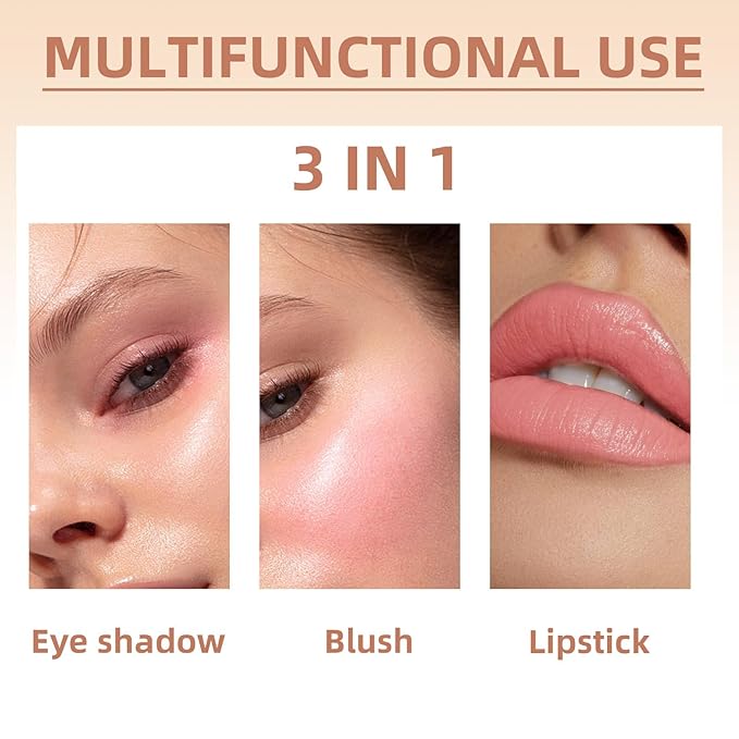 Cream Blush Stick for Cheeks, Eyes & Lips, Multi-Use Makeup Stick, Travel-Friendly Tinted Moisturizer, Natural Glow Blendable Blusher with Brush - Shy Pink