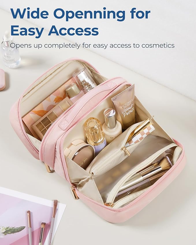 BAGSMART Travel Makeup Bag, Make Up Bag with Multiple Compartments for Organizer, Compact & Durable Cosmetic Organizer for Women for Travel Accessories (Pink