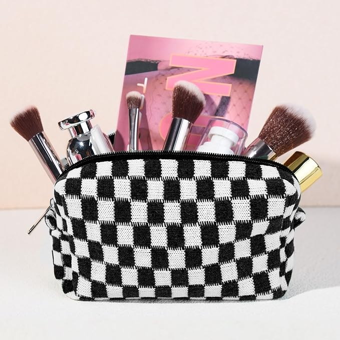 6 Pcs Preppy Makeup Bag Bulk Checkered Cosmetic Bag Black Makeup Pouch Personalize Travel Toiletry Bag Organizer Cute DIY Makeup Brushes Storage Bag for Women