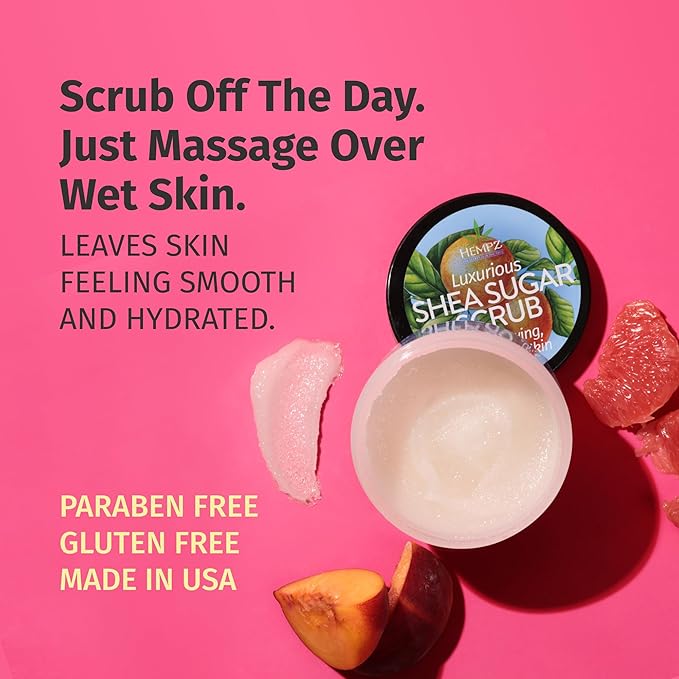 HEMPZ Triple Moisture Sugar Body Scrub - Grapefruit & Peach - All Natural Exfoliating Shea Butter, Sugar, and Salt - For Women, Men, and Teens - 7.3 fl oz