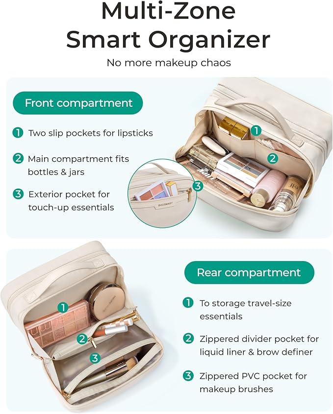BAGSMART Travel Makeup Bag, Make Up Bag with Multiple Compartments for Organizer, Durable & Compact Cosmetic Organizer for Women for Travel Accessories (Beige)