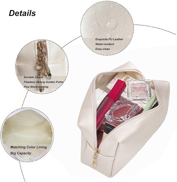 2pcc set PU Leather Cosmetic Bag for Women Minimalism Makeup Bag for Daily Use Portable Storage Purse Small Neat Cosmetic Pouch Water-resistant Toiletry Bag for Travel (Ivory White)