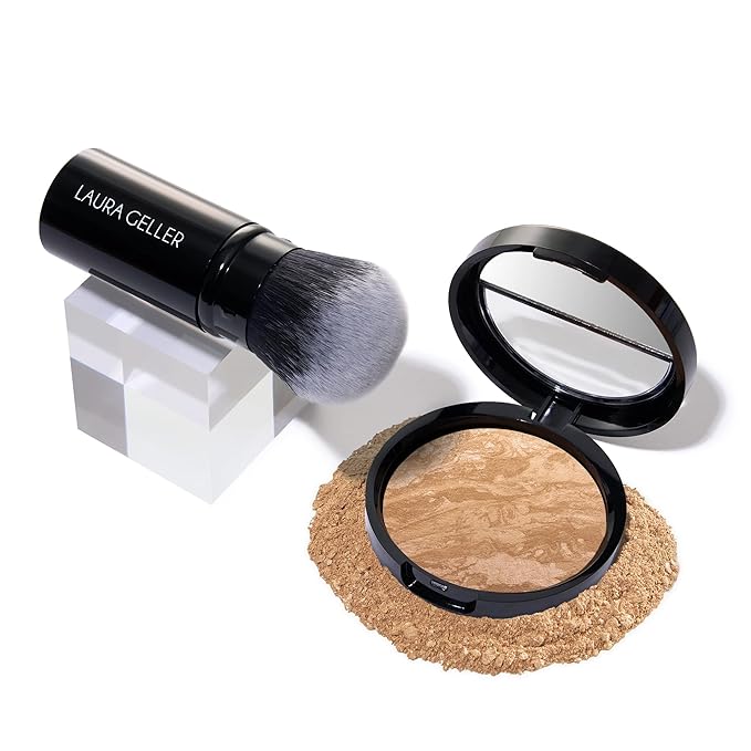 LAURA GELLER NEW YORK Get Glowing Kit (2pc): Baked Balance-n-Glow Illuminating Powder Foundation, Golden Medium + Airbrush Kabuki Makeup Brush