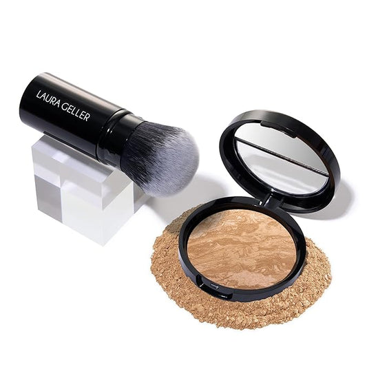 LAURA GELLER NEW YORK Get Glowing Kit (2pc): Baked Balance-n-Glow Illuminating Powder Foundation, Golden Medium + Airbrush Kabuki Makeup Brush