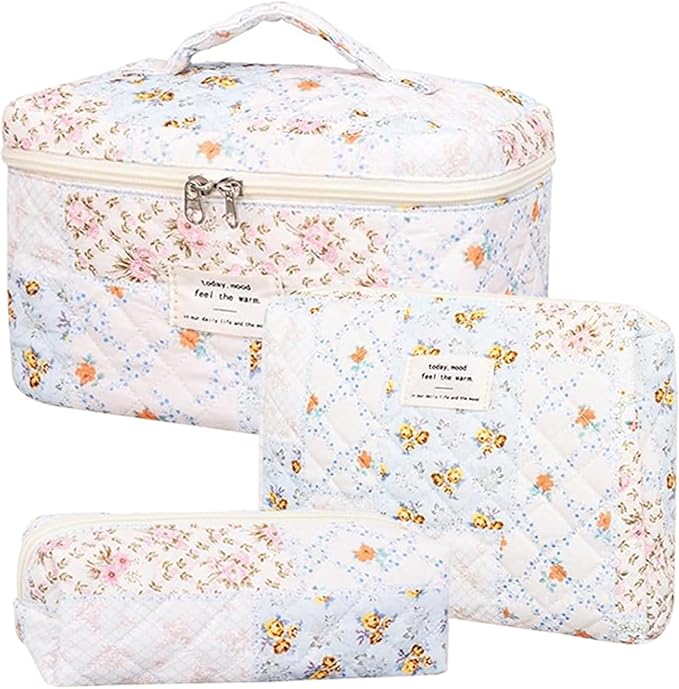 3 Pcs Quilted Makeup Bag Set,Coquette Cotton Make up Bag,Cute Floral Makeup Bags Large Toiletry Cosmetic Bag Organizer for Women Girls (J-3PCS)