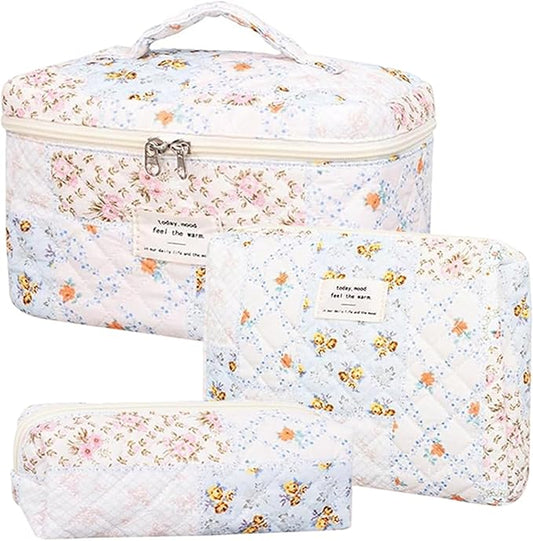 3 Pcs Quilted Makeup Bag Set,Coquette Cotton Make up Bag,Cute Floral Makeup Bags Large Toiletry Cosmetic Bag Organizer for Women Girls (J-3PCS)