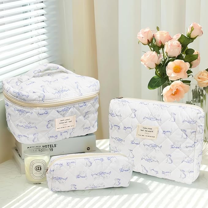 3 Piece Blue Quilted Makeup Bag, Large Capacity Travel Cosmetic Bag for Women and Girls, Aesthetic Storage for Daily and Travel Use (3pcs-BlueCatAnimal)