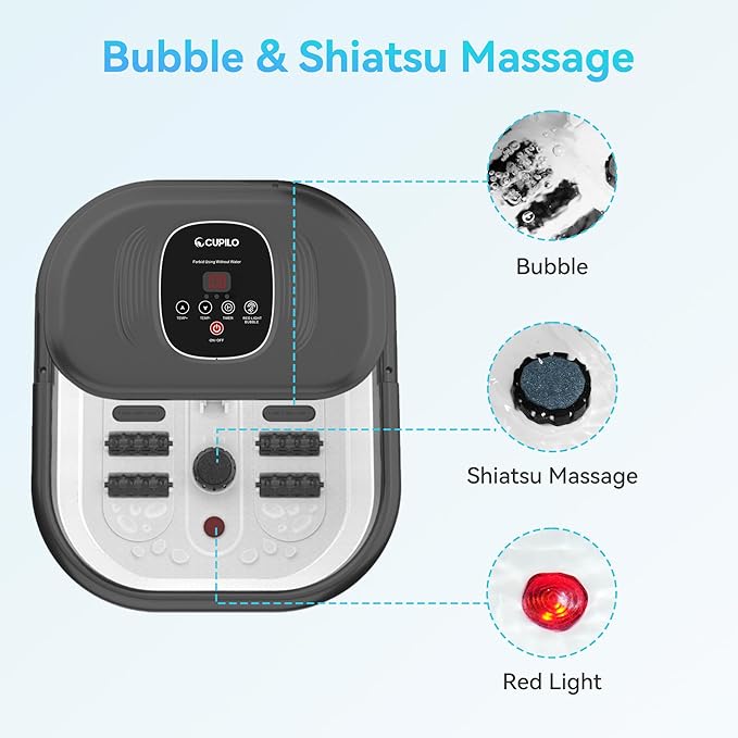 Foot Spa Bath Massager with Heat, Collapsible Foot Massager Spa Soaking Tub with Bubbles, Red Light, Pumice Stone, and Shiatsu Massage Rollers, Pedicure Foot Spa for Relaxation, Gifts