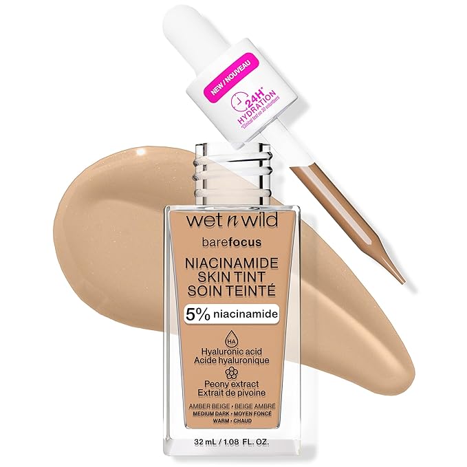 wet n wild Bare Focus Skin Tint, 5% Niacinamide Enriched, Buildable Sheer Lightweight Coverage, Natural Radiant Finish, Hyaluronic & Vitamin Hydration Boost, Cruelty-Free & Vegan - Amber Beige