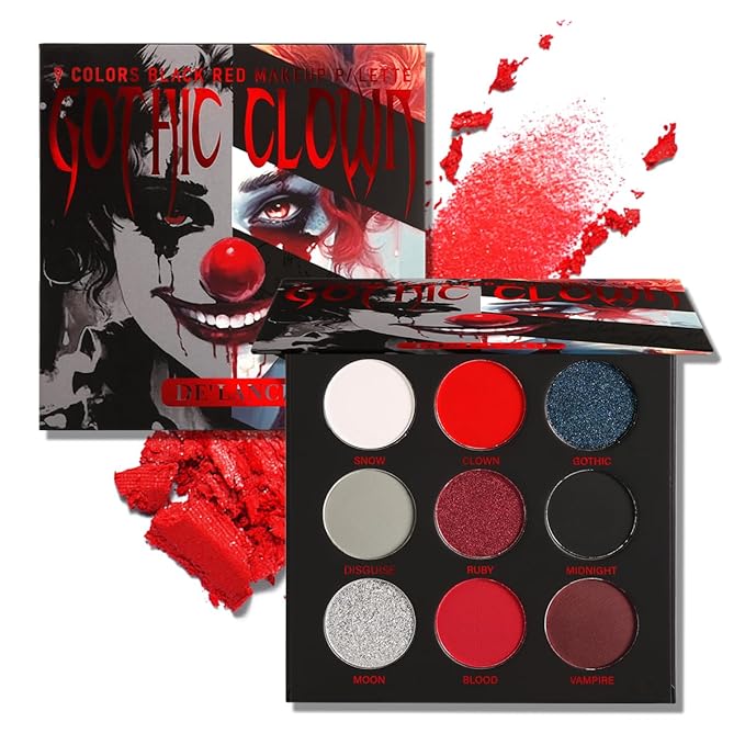 Afflano Black Eyeshadow Palette - Goth Clown Halloween Makeup, White Silver Glitter Metallic Eyeshadow Palette Highly Pigmented, Joker Vampire Christmas True Red Smoky Eye Makeup